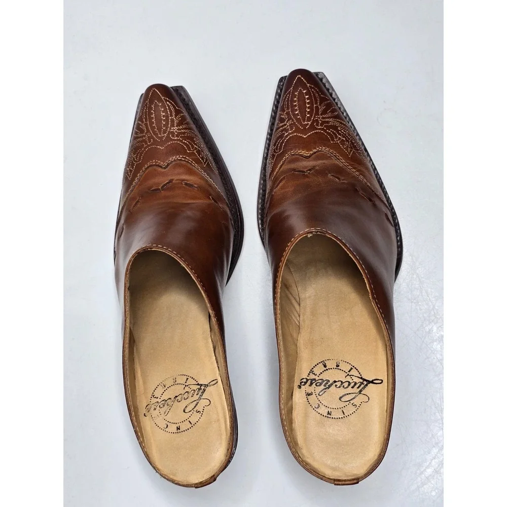 Vintage Lucchese Mules Boots Women's 7.5 B Western Slip On Slide Honey Brown
